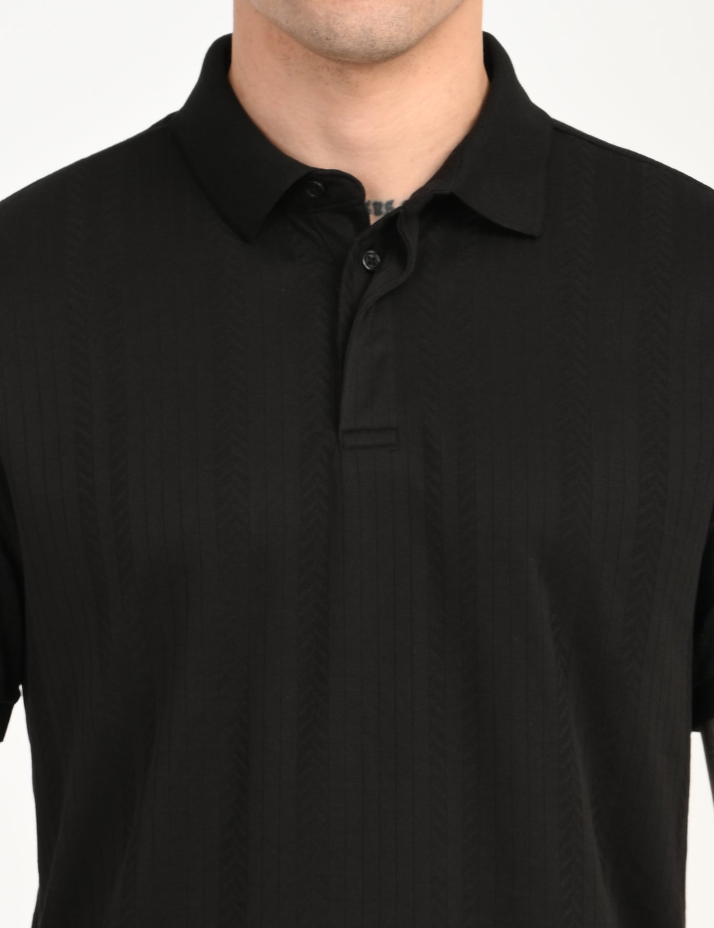 Men's Redloop Self Design Black Slim Fit Polo T-shirt - deatil View