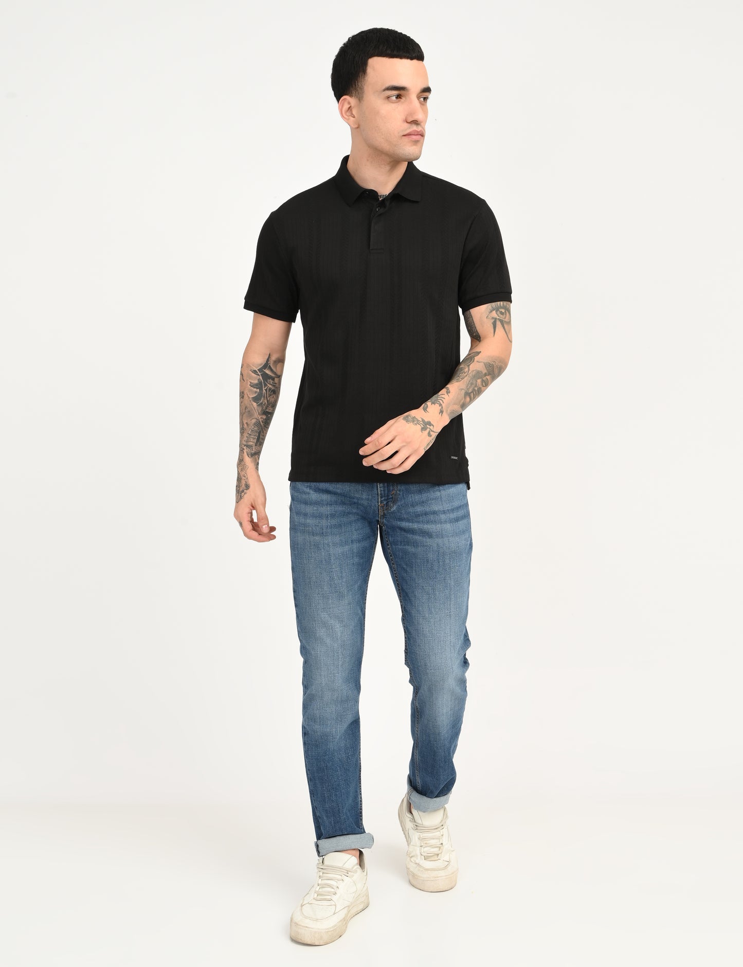 Men's Redloop Self Design Black Slim Fit Polo T-shirt - 6 View