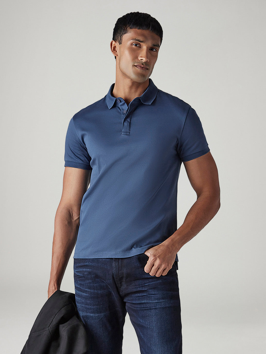 Men's Solid Blue Slim Fit Redloop Interlock Polo T-shirt
