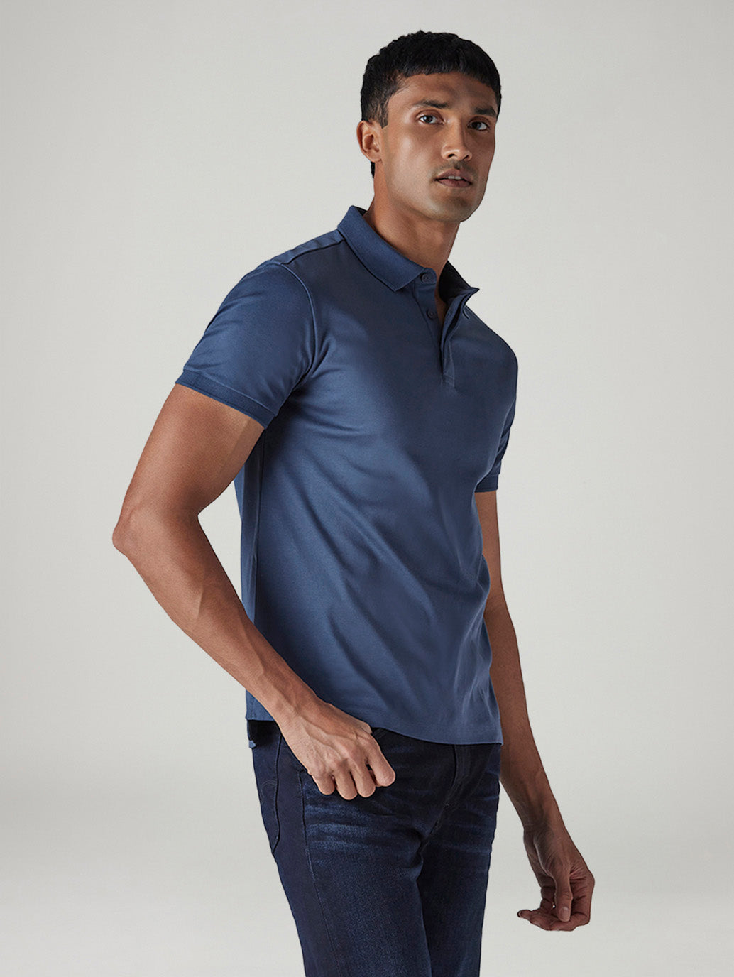 Men's Solid Blue Slim Fit Redloop Interlock Polo T-shirt - Side View