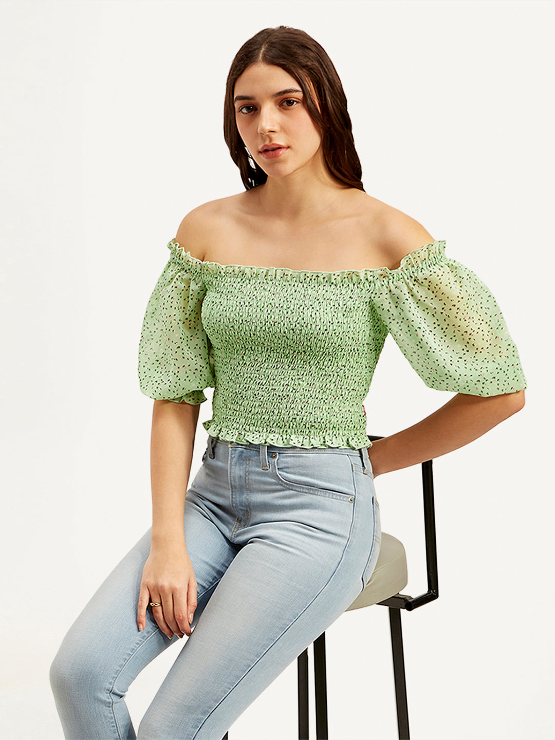 Women's Floral Green Off Shoulder Top - 85aa00e62f16027a60329b9ebf47beaa View
