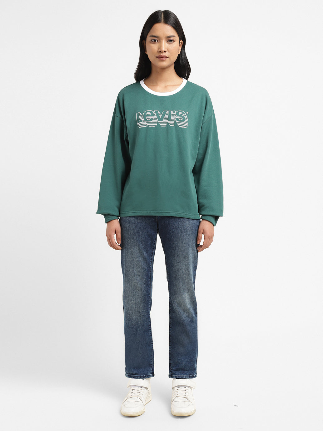Womens Printed Crew Neck Sweatshirts - ModelFront View