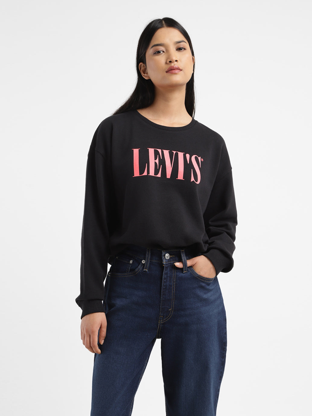 Women's Brand Logo Black Crew Neck Sweatshirt - 74947657-8bf3-44c6-9def-6ab899ee16ae View