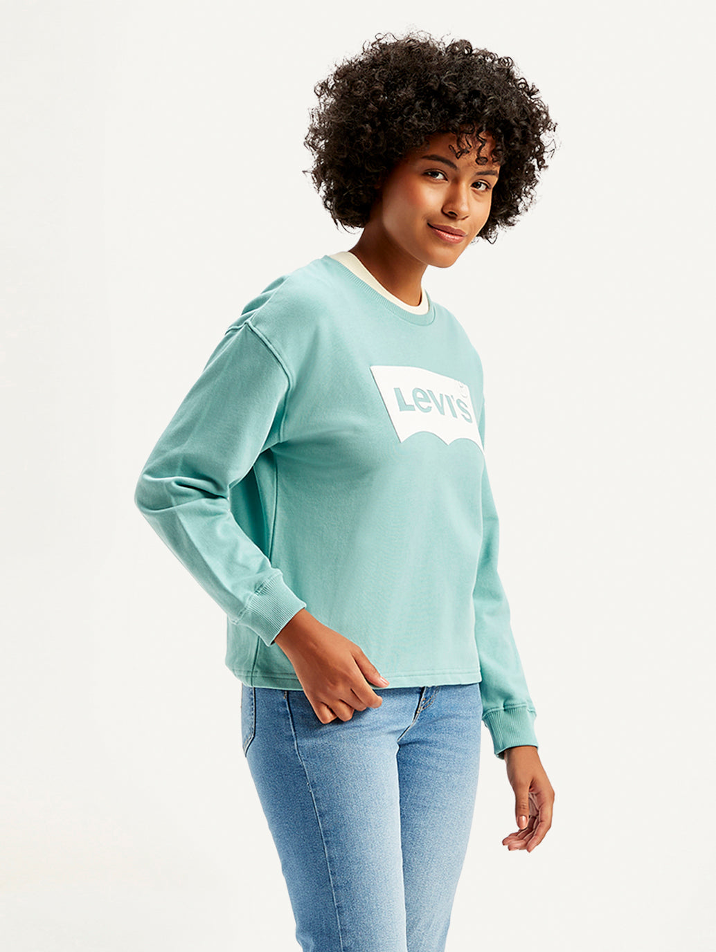 Women's Brand Logo Blue Crew Neck Sweatshirt - Side View