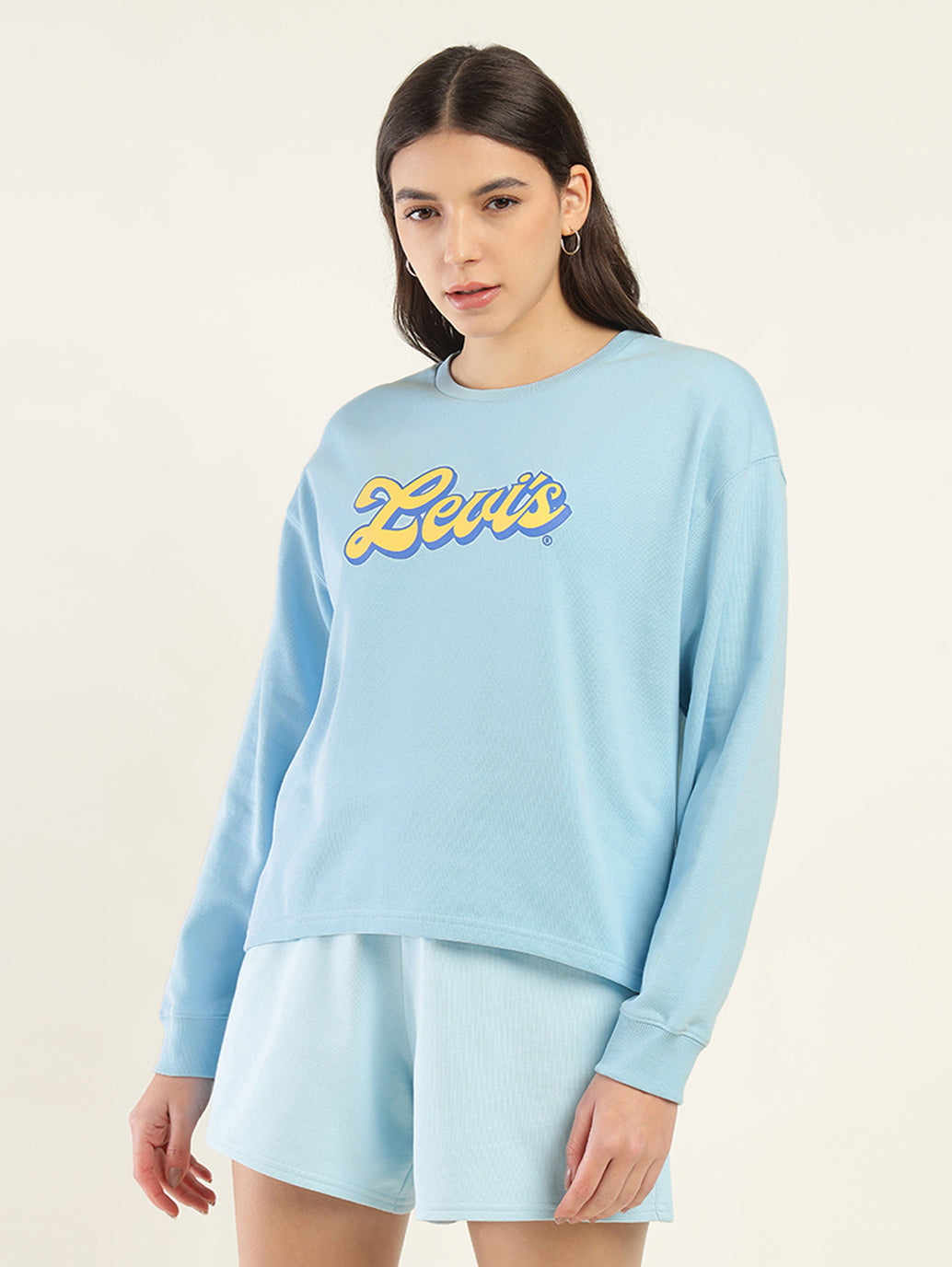 Women's Brand Logo Blue Crew Neck Sweatshirt - Front View