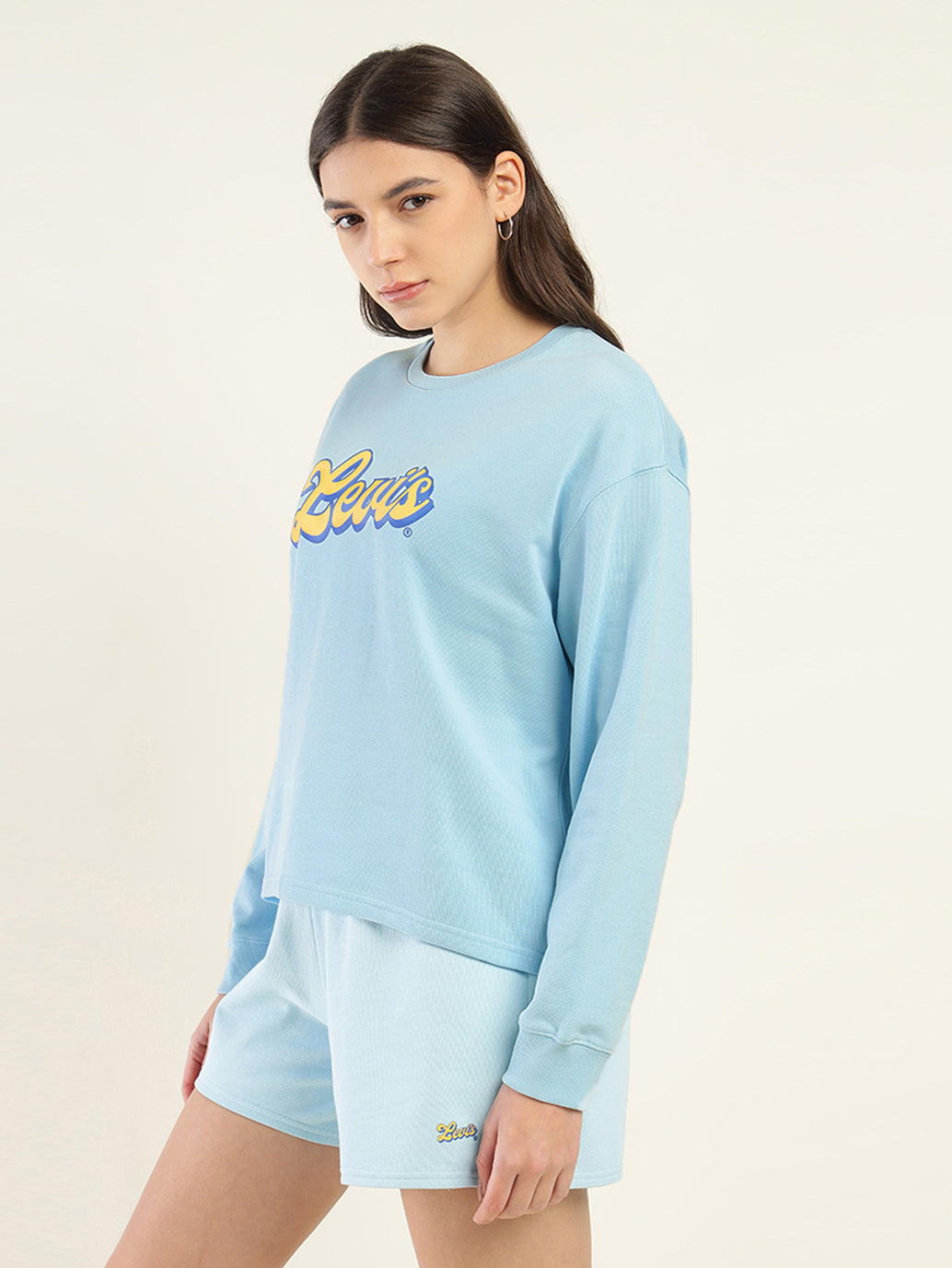Women's Brand Logo Blue Crew Neck Sweatshirt - Side View
