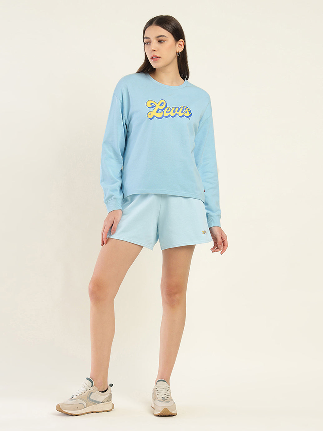 Women's Brand Logo Blue Crew Neck Sweatshirt - ModelFront View