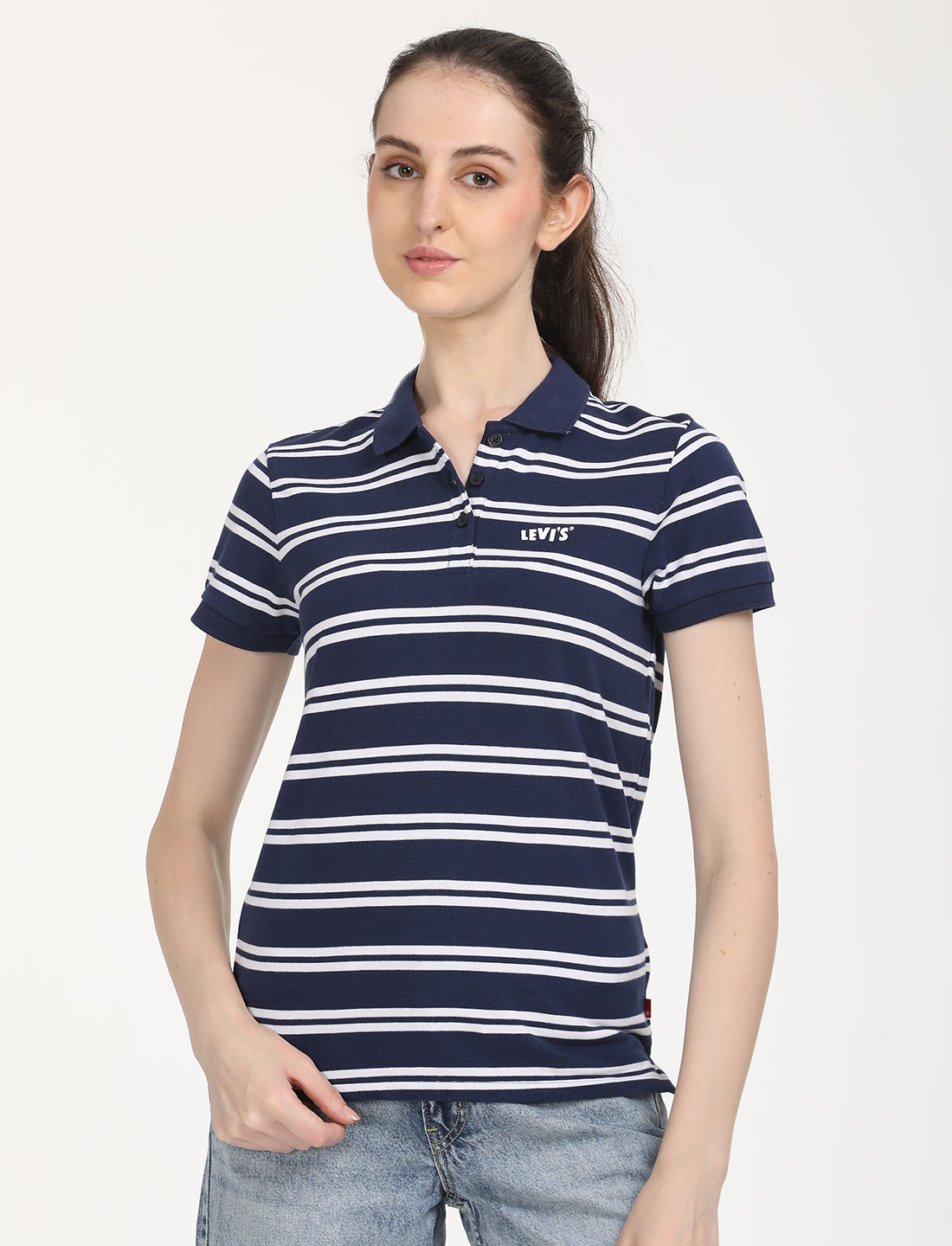 Women's Striped Print Polo T-Shirt - Front View