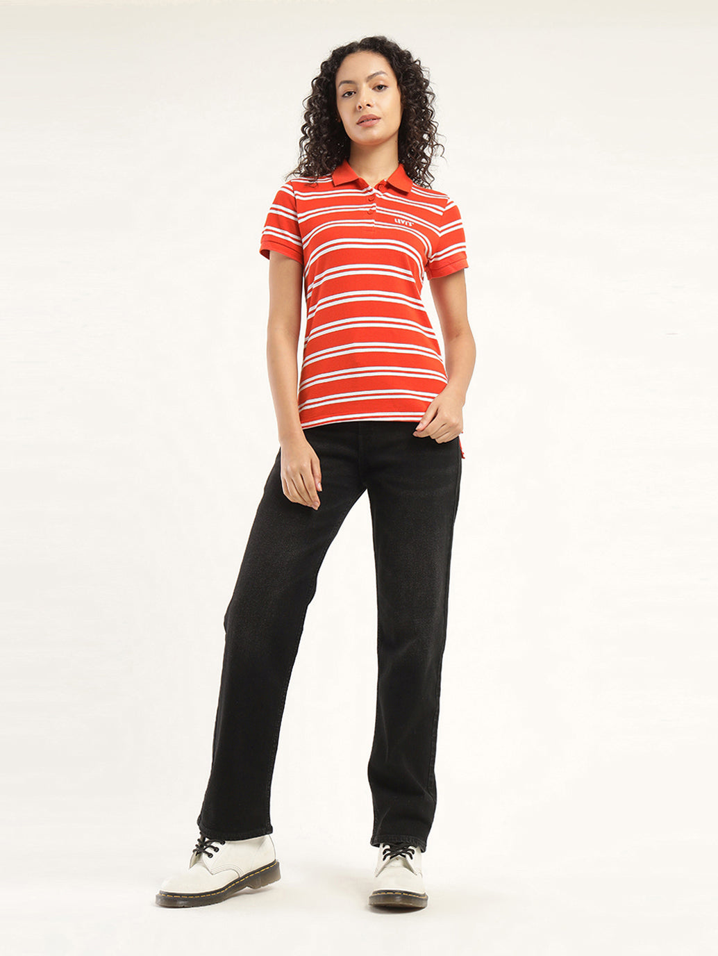 Women's Striped Polo T-Shirt - ModelFront View