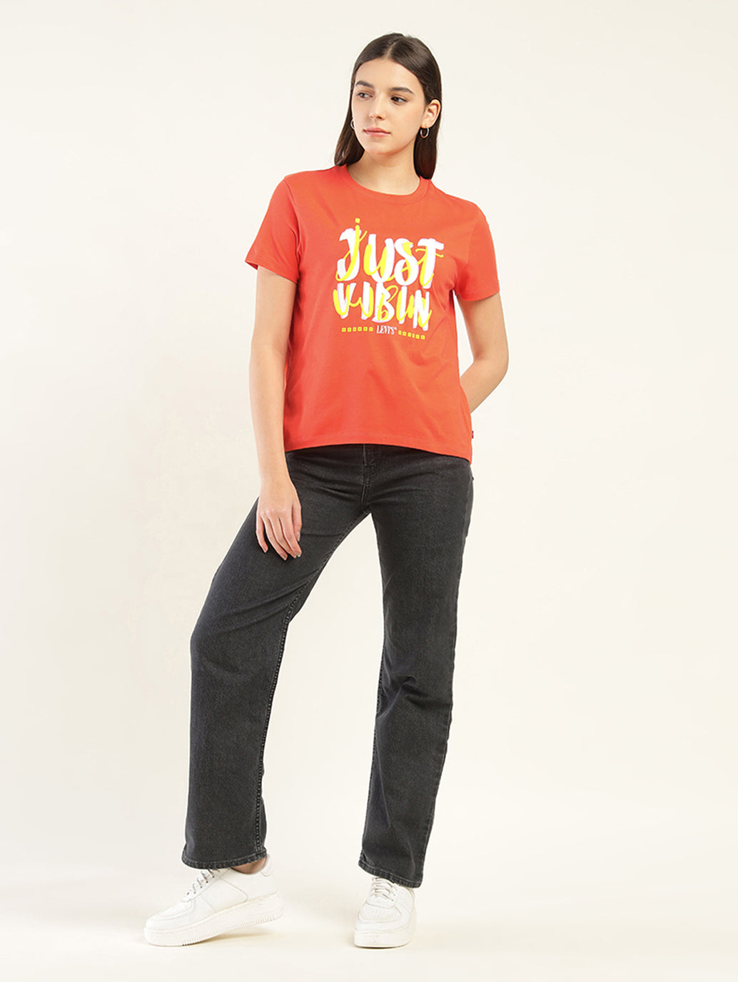Women's Typography Print Relaxed Fit T-Shirt - ModelFront View