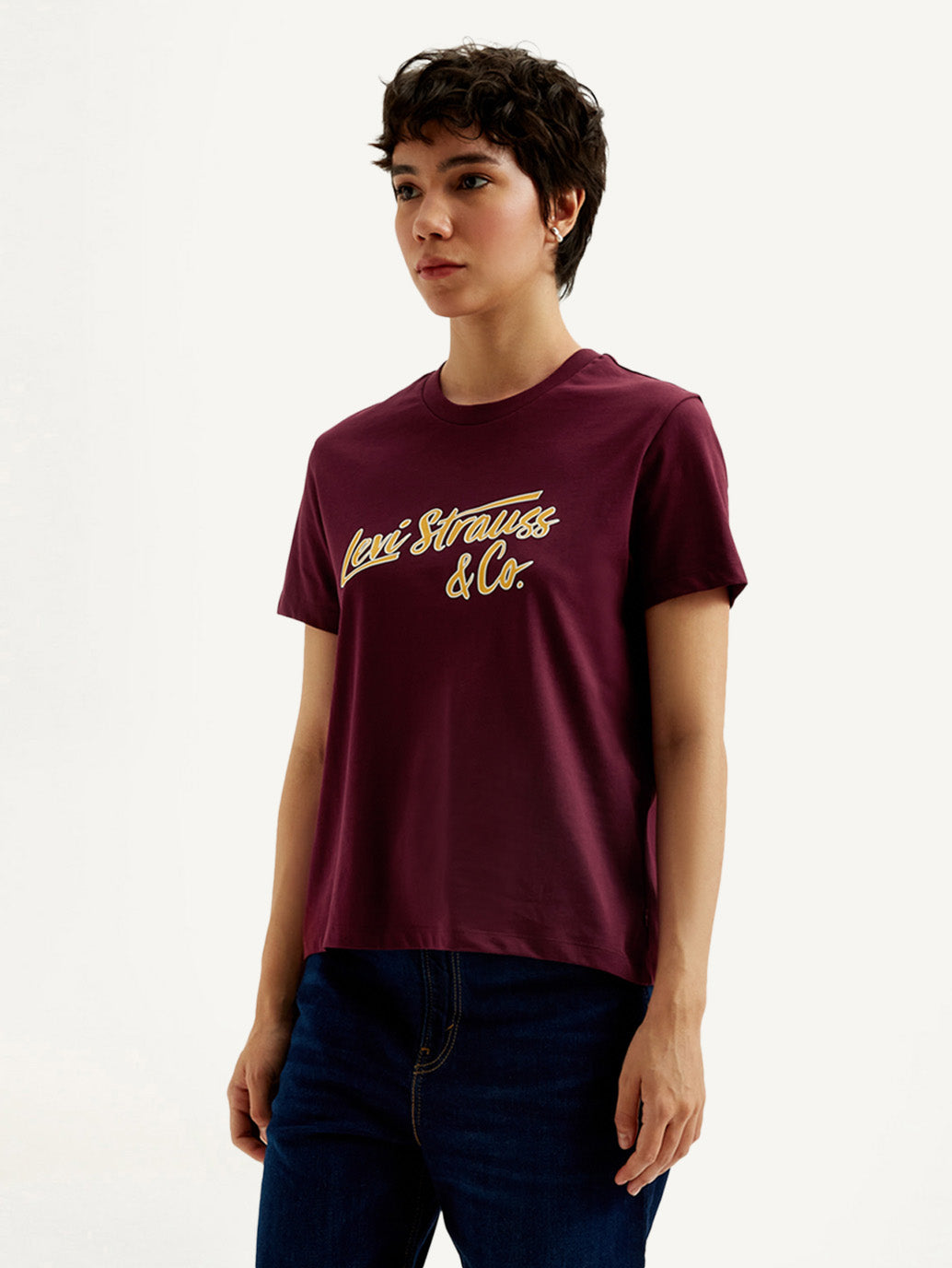 Women's Typography Maroon Crew Neck T-Shirt - Side View
