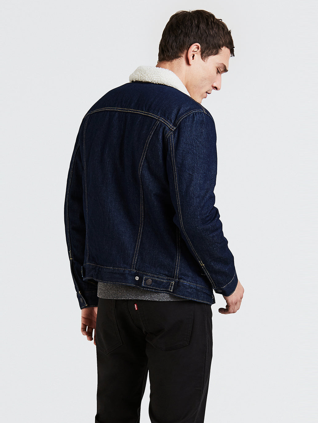 Men's Solid Dark Blue Shearling Jacket - 074f4e67-ef59-4677-ac62-3332176b0495 View