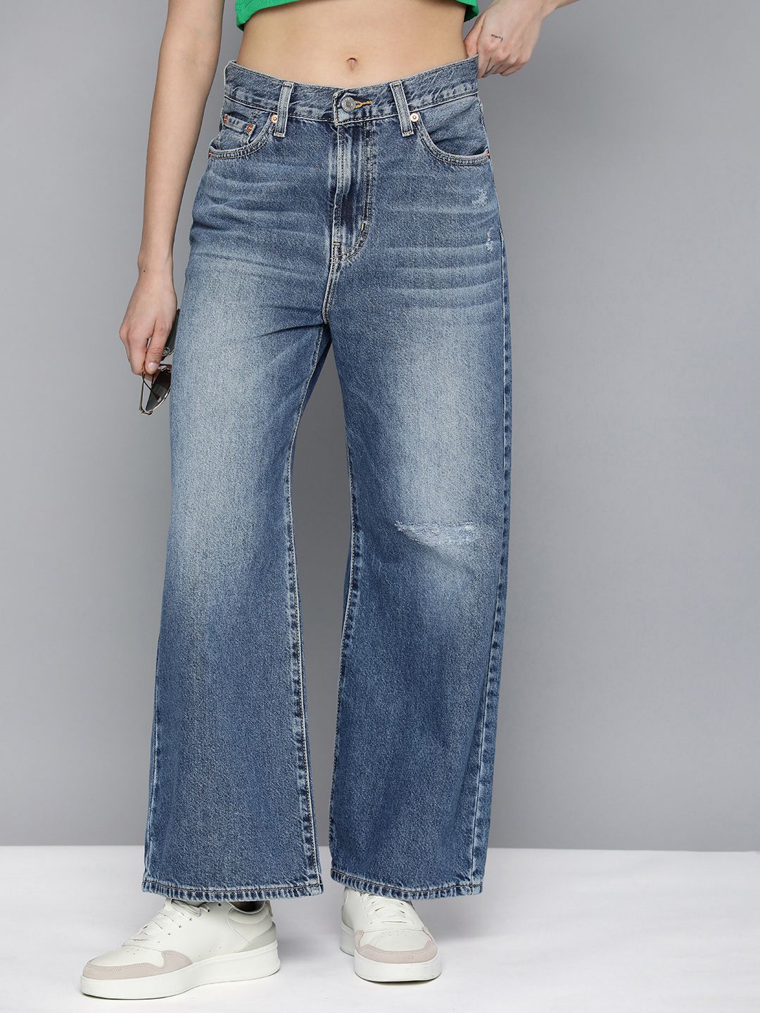 Women's Blue Ribcage Bell Bottom Wide Leg Fit Mid Rise Jeans - 8af06f968c16c9222664b676d91317ae View