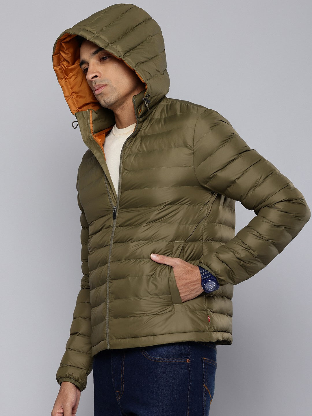 Men's Quilted Brown Hooded Puffer Jacket - 90a2269c-4dc7-420b-9610-112a822cc28f1725617685488-Levis-Men-Jackets-491725617684854-3 View