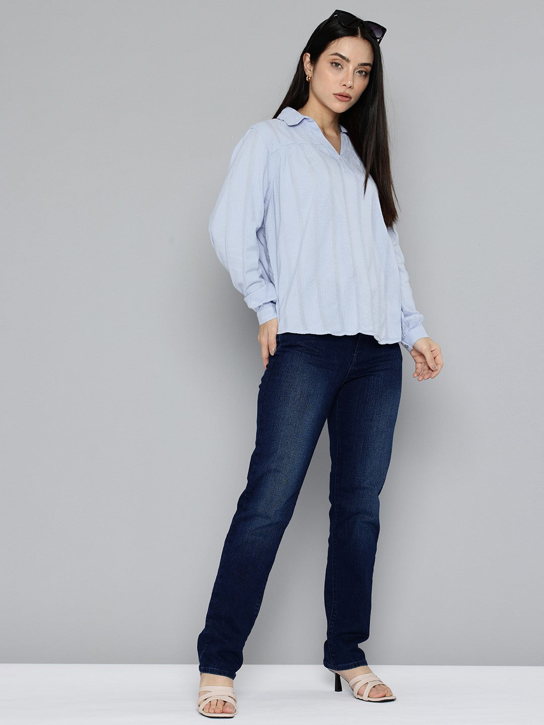 Women's Striped Blue Spread Collar Top - 954d3083-40f2-4066-bae7-5dd96aa907b81742379281737-Womens-Striped-Light-blue-Spread-Collar-Top-6231742379281332-5 View