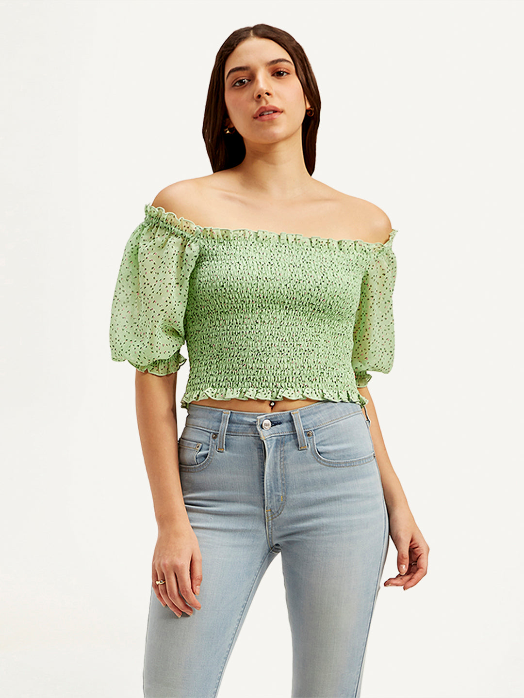 Women's Floral Green Off Shoulder Top