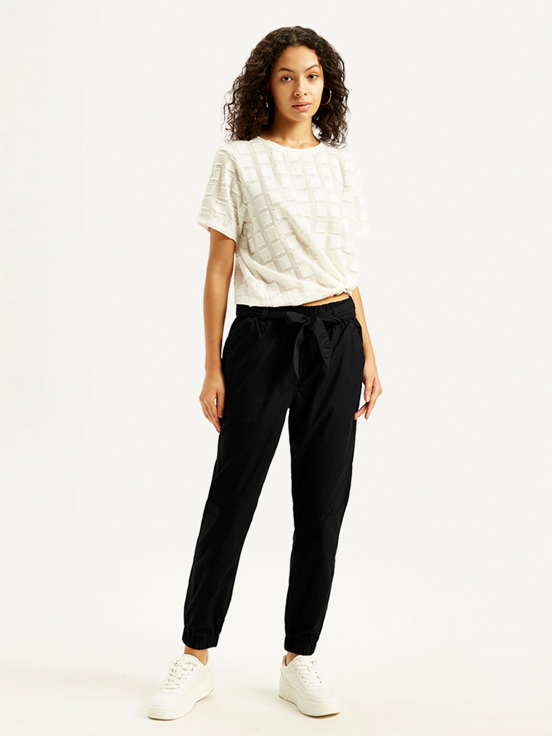 Women's High Rise Black Regular Fit Joggers - Front View
