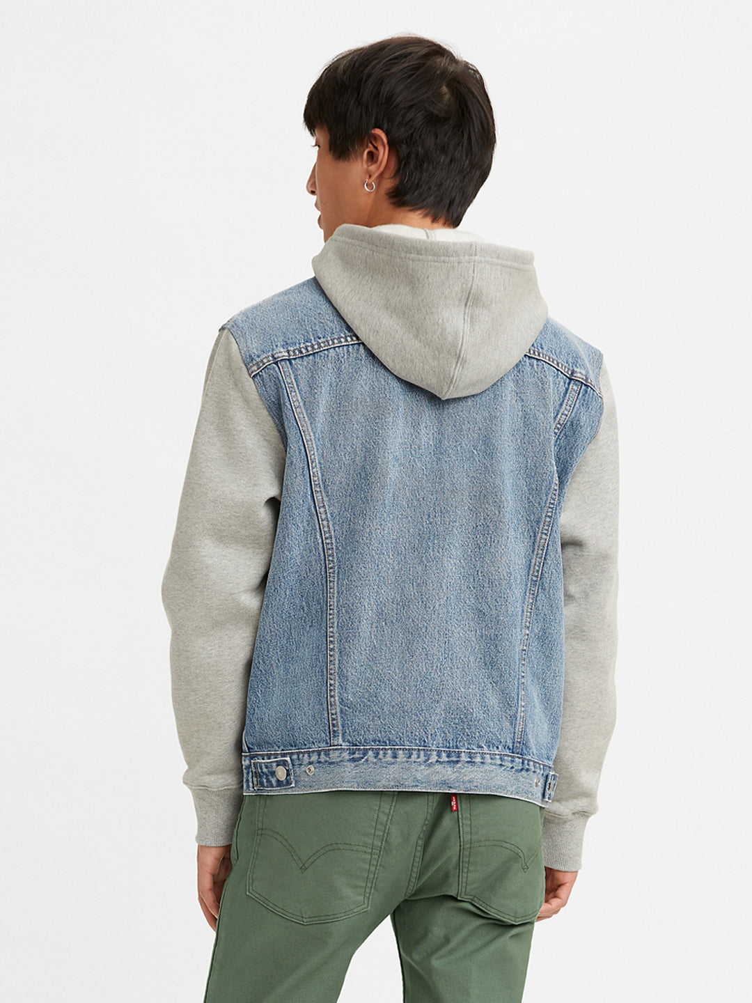 Men's Colorblock Blue Hooded Denim Trucker Jacket - 2 View