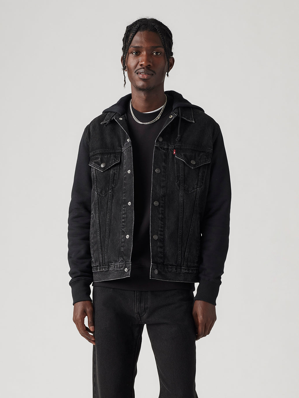 Men's Hybrid Hoodie V Trucker Jacket - Front View