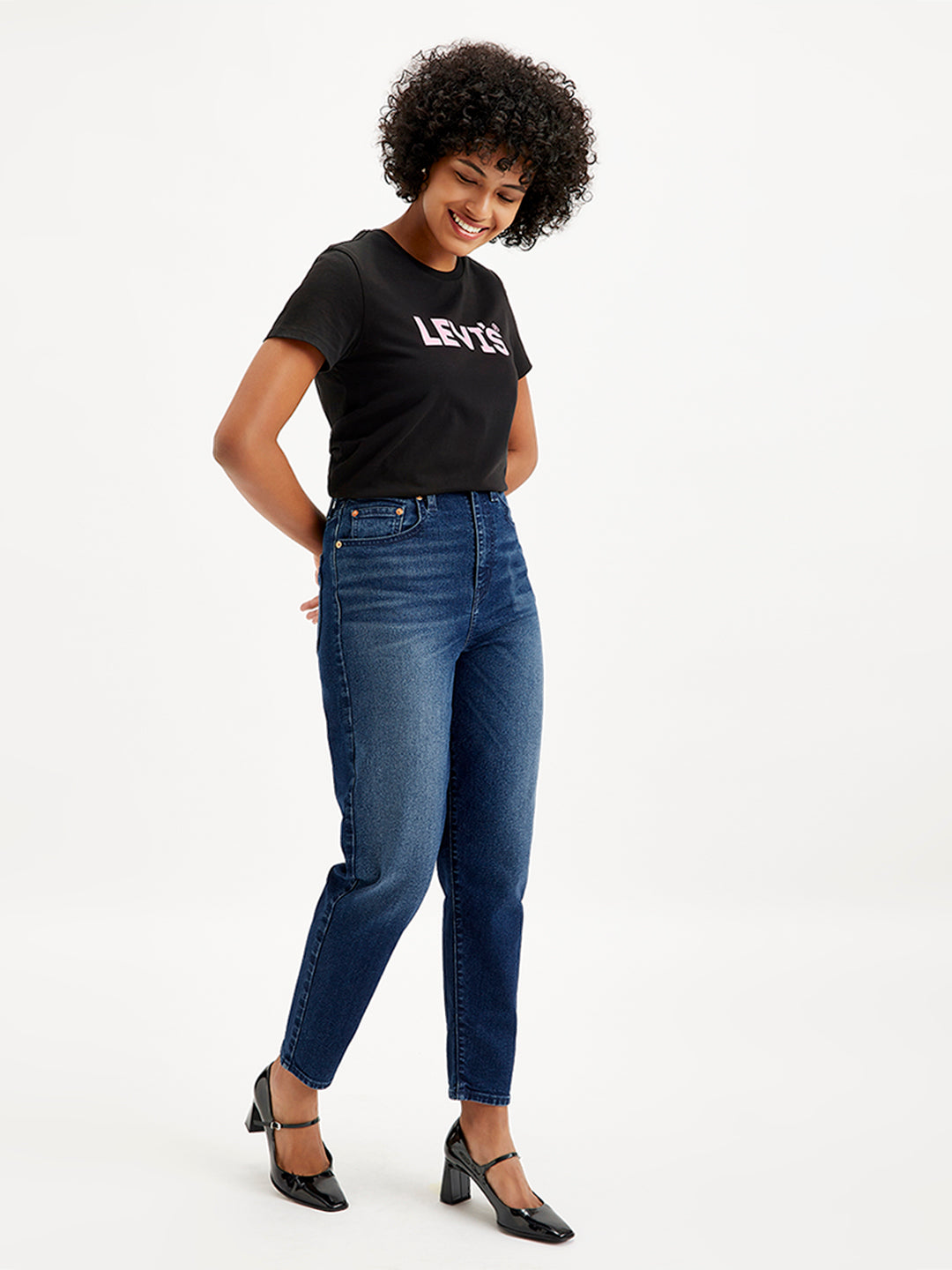 Women's Blue Loose Tapered Fit High Rise Jeans - Side View