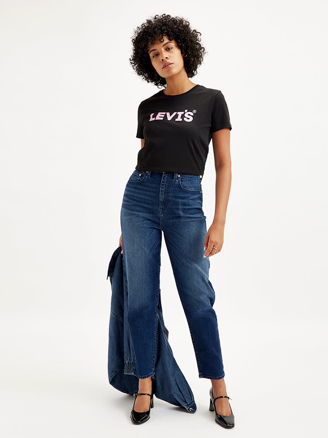 Women's Blue Loose Tapered Fit High Rise Jeans - Styleshot View