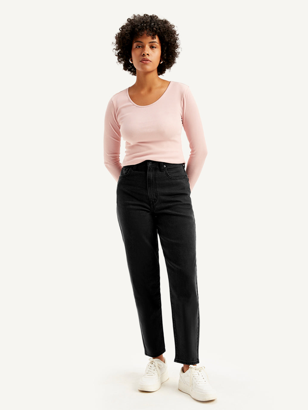 Women's Black Loose Tapered Fit High Rise Jeans - Front View