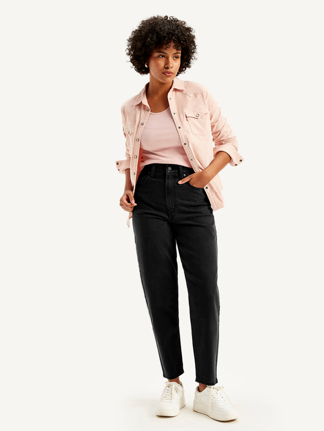 Women's Black Loose Tapered Fit High Rise Jeans - Styleshot View