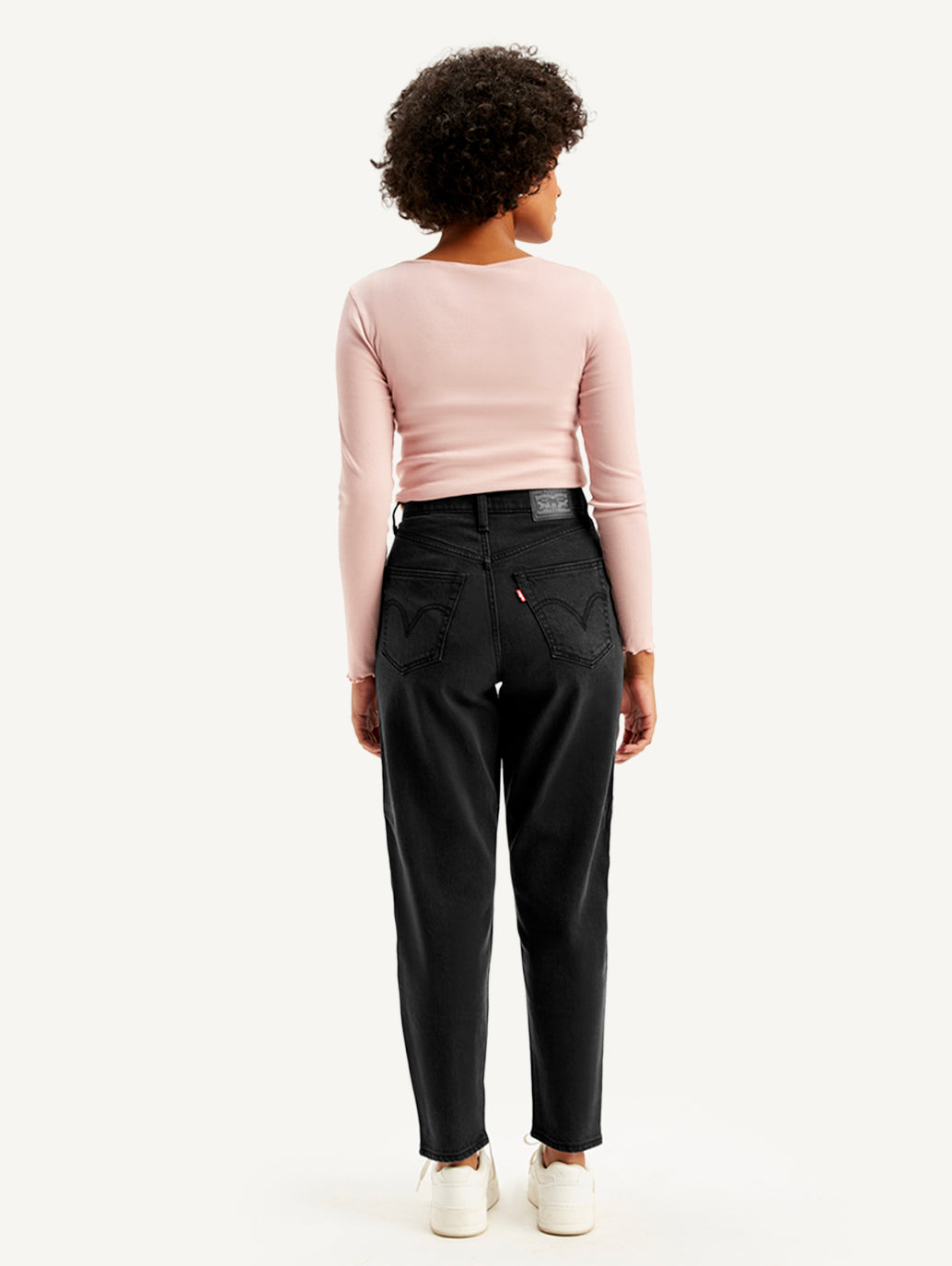 Women's Black Loose Tapered Fit High Rise Jeans - Back View