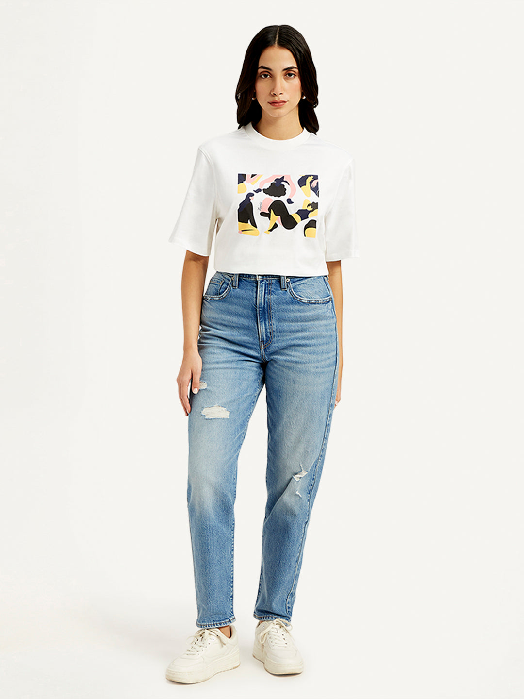 Women's Blue Loose Tapered Fit High Rise Jeans - Front View
