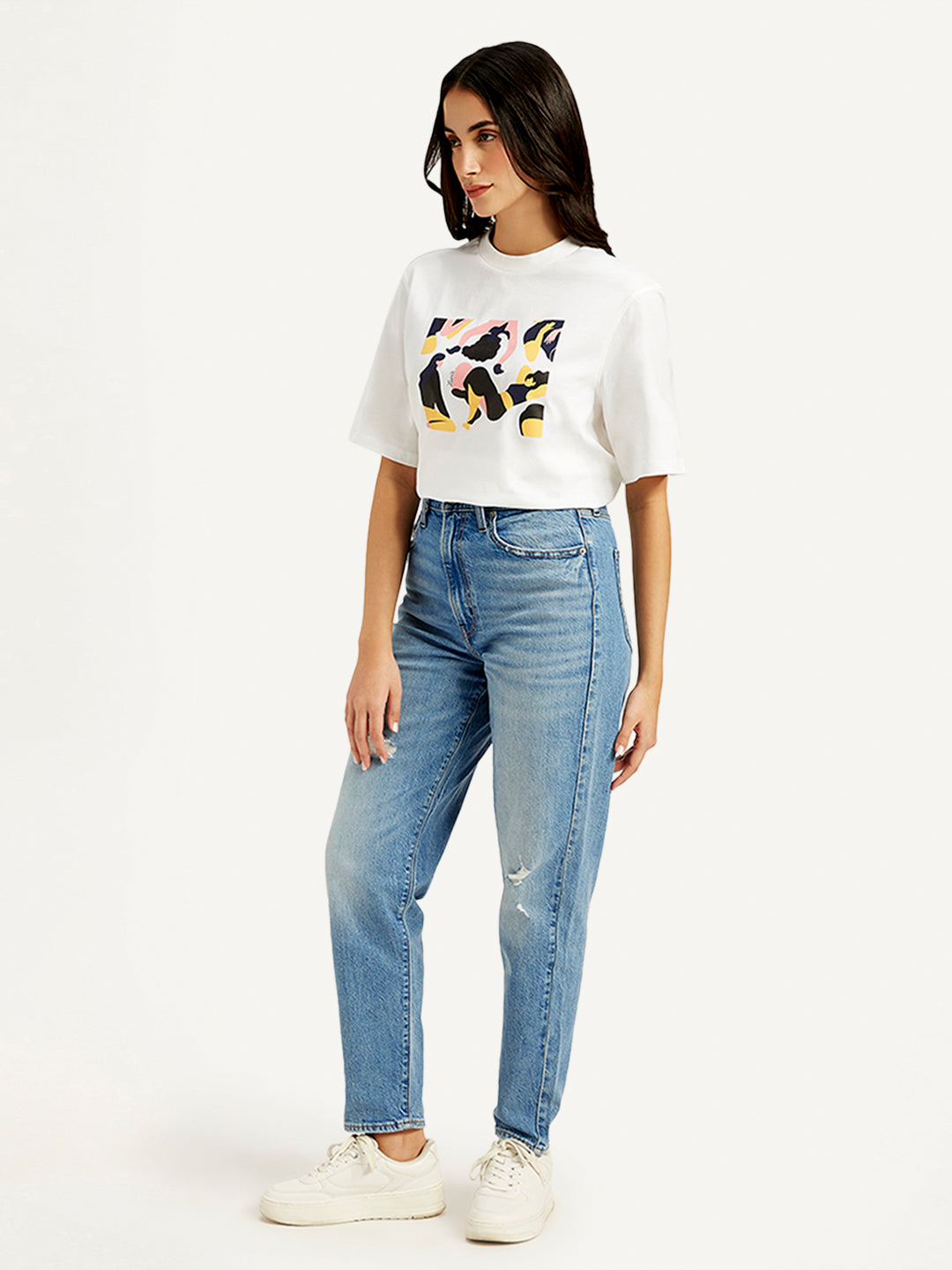 Women's Blue Loose Tapered Fit High Rise Jeans - Side View