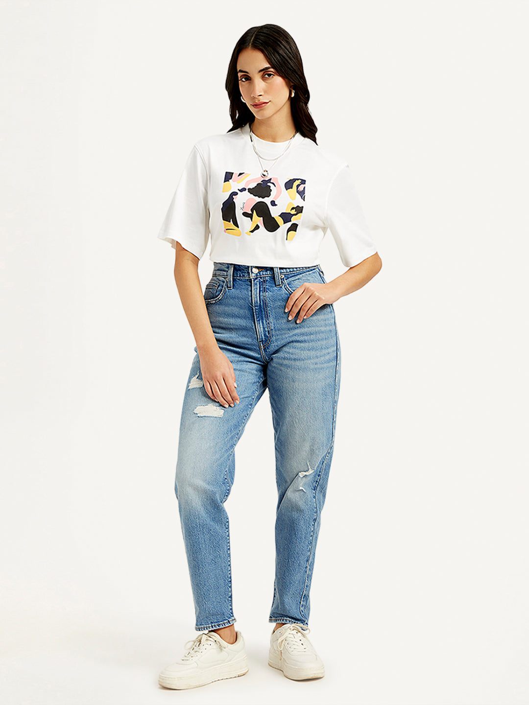 Women's Blue Loose Tapered Fit High Rise Jeans - Styleshot View