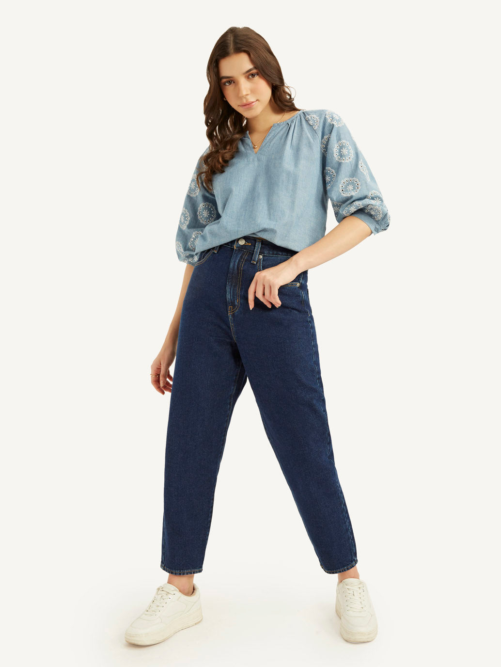 Women's Blue Loose Tapered Fit High Rise Jeans - Elevated View