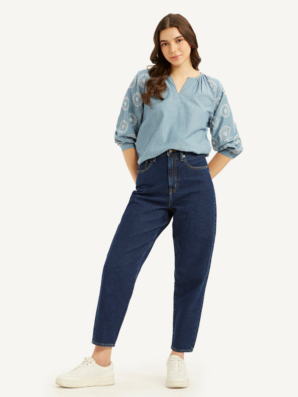 Women's Blue Loose Tapered Fit High Rise Jeans - Styleshot View