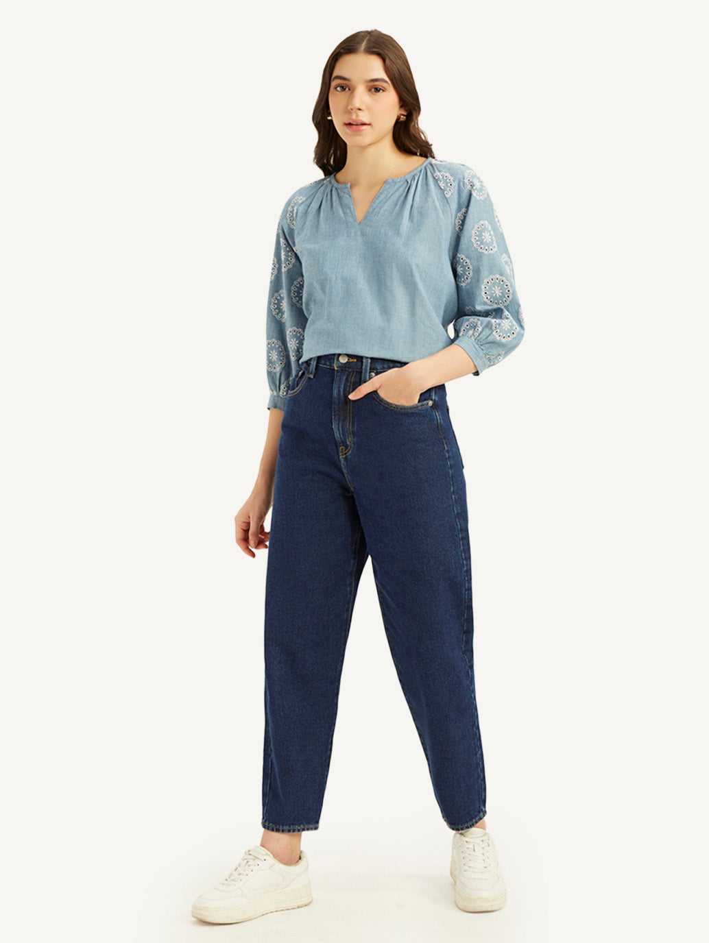 Women's Blue Loose Tapered Fit High Rise Jeans - Front View