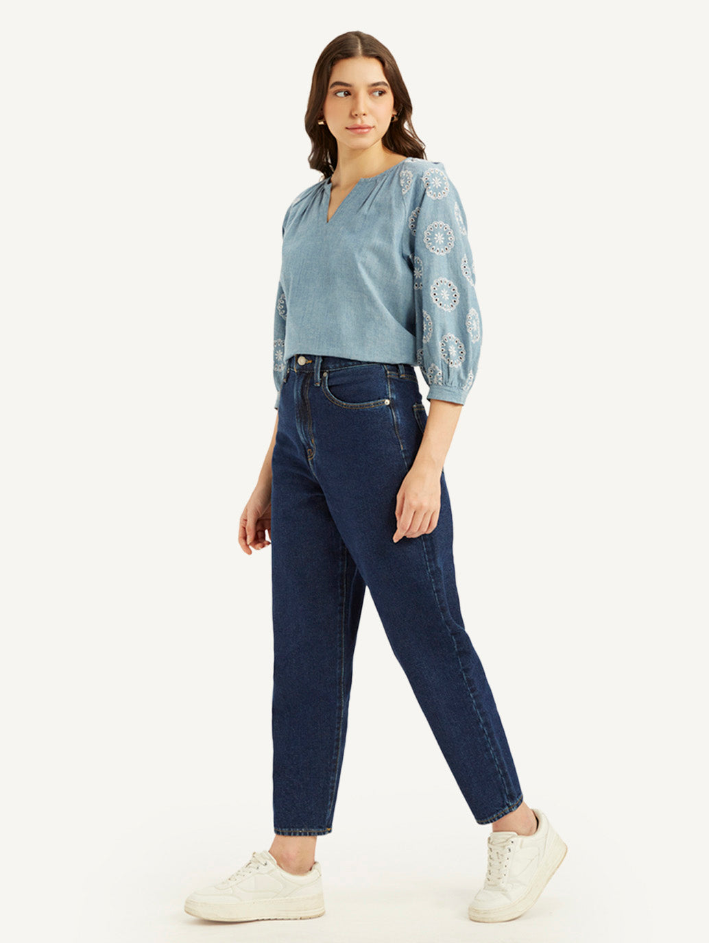 Women's Blue Loose Tapered Fit High Rise Jeans - Side View