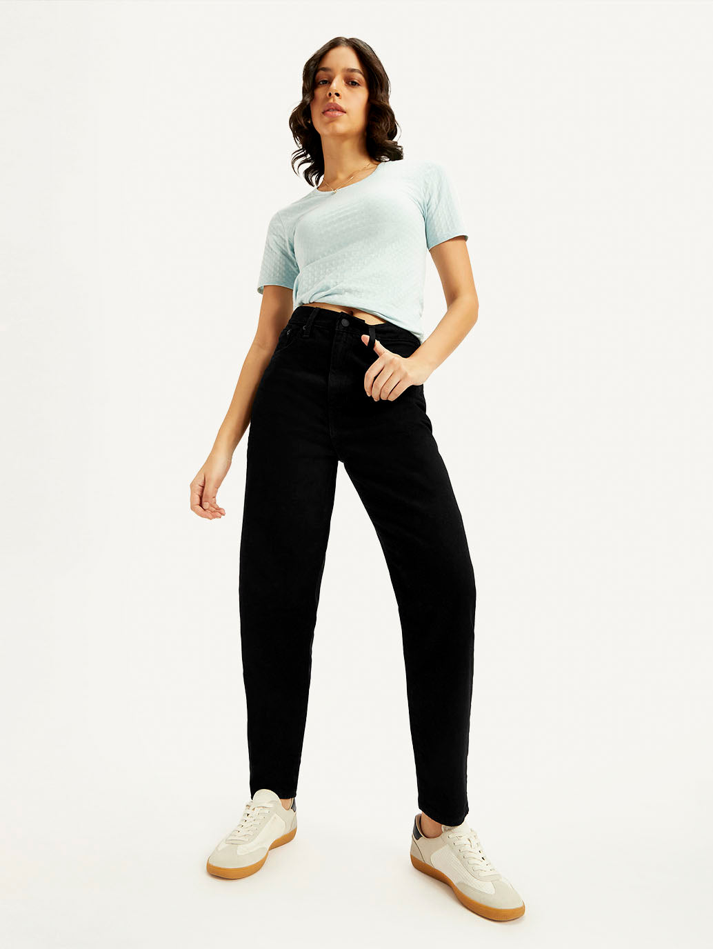 Women's Black Loose Tapered Fit High Rise Jeans - Elevated View