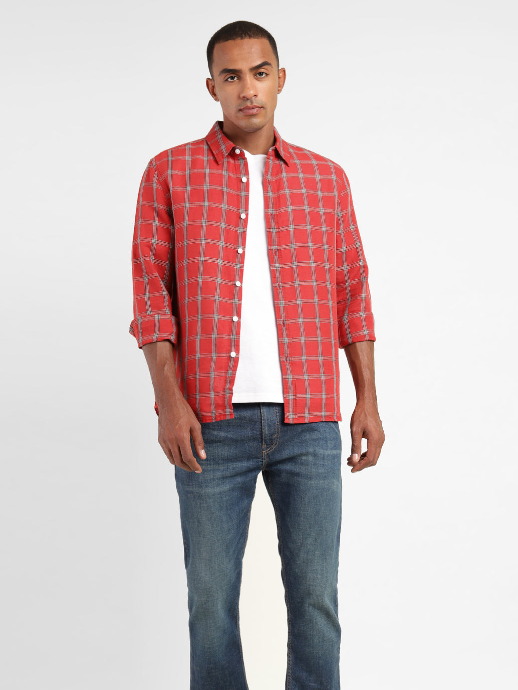 Men's Checkered Spread Collar Linen Shirt - 89c311fa-0d74-45ae-91d1-907174819863 View