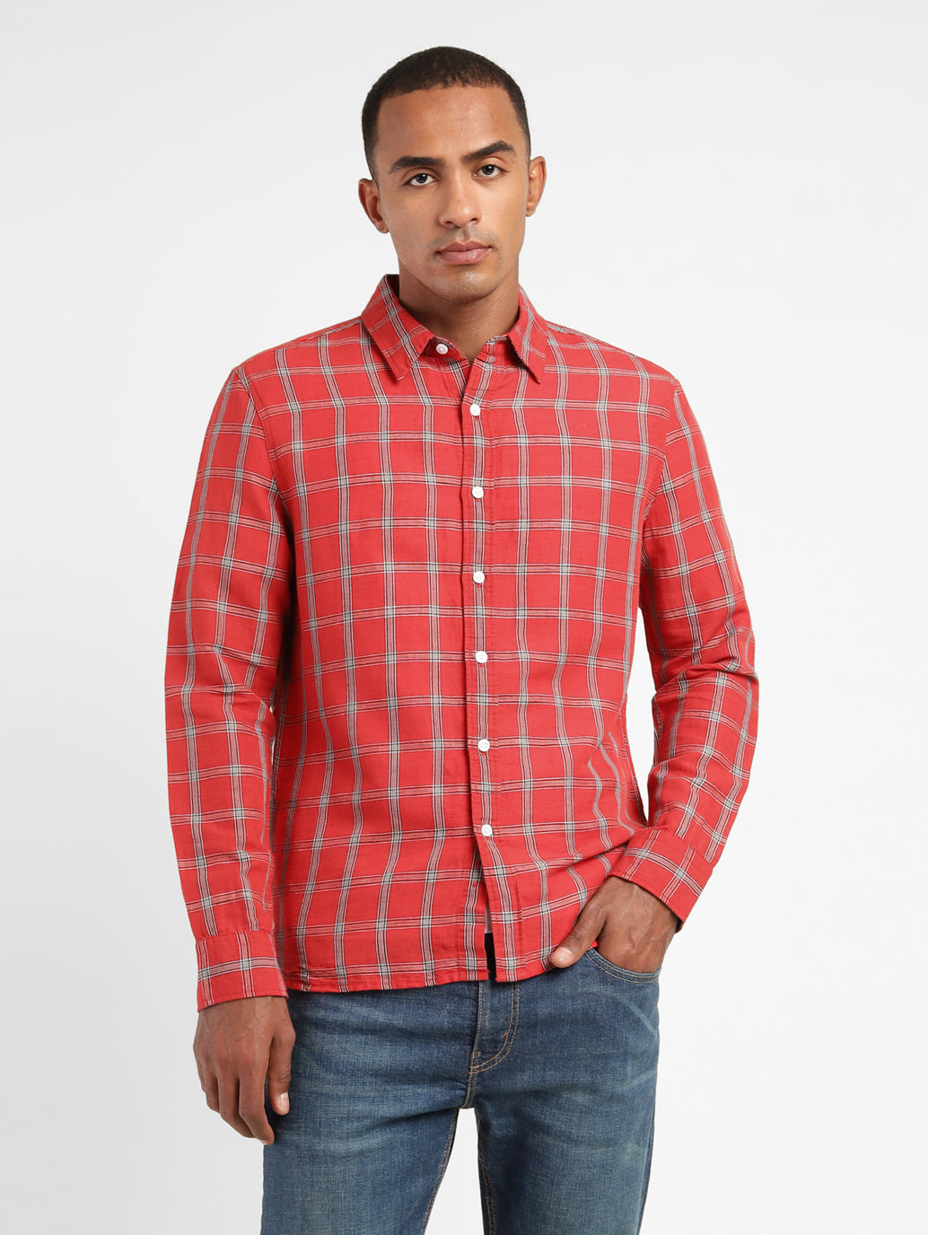 Men's Checkered Spread Collar Linen Shirt - d1f9f2fc-d1f1-4c90-a216-6bdd289ea324 View