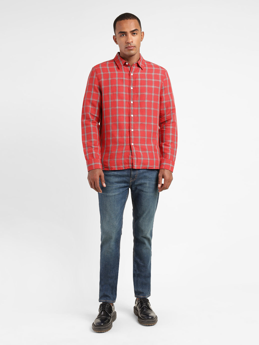 Men's Checkered Spread Collar Linen Shirt - 80911381-4a6c-4dab-889e-ff8978f98d57 View