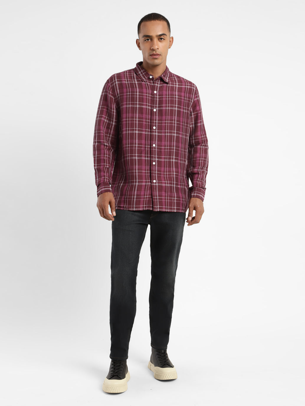 Men's Checkered Spread Collar Linen Shirt - 9c59ec17-8882-4502-85ed-12828b123c38 View