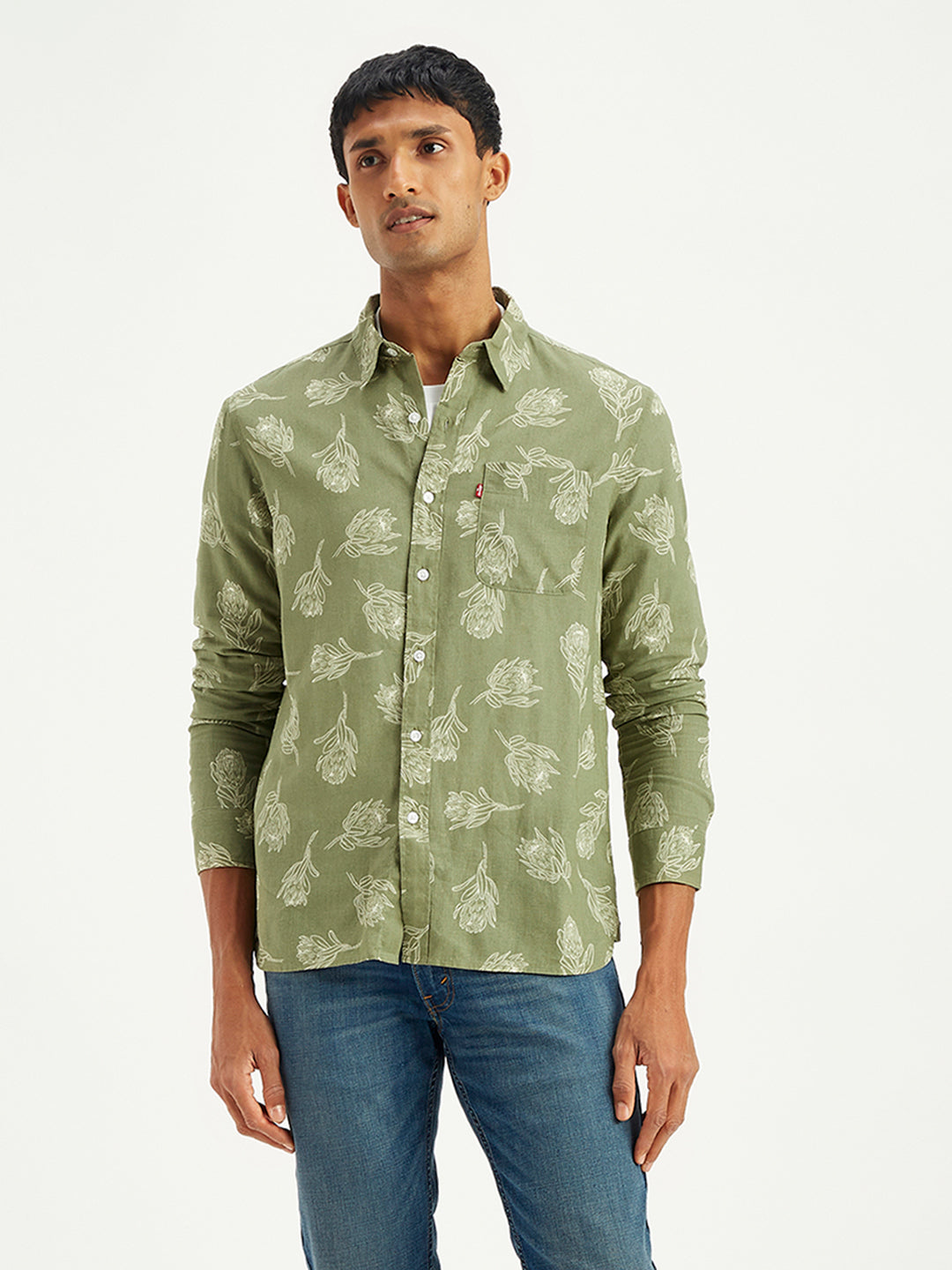 Men's Floral Print Slim Fit Shirt - Front View
