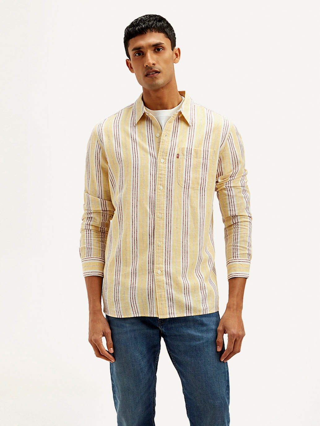 Men's Striped Slim Fit Linen Shirt - Front View