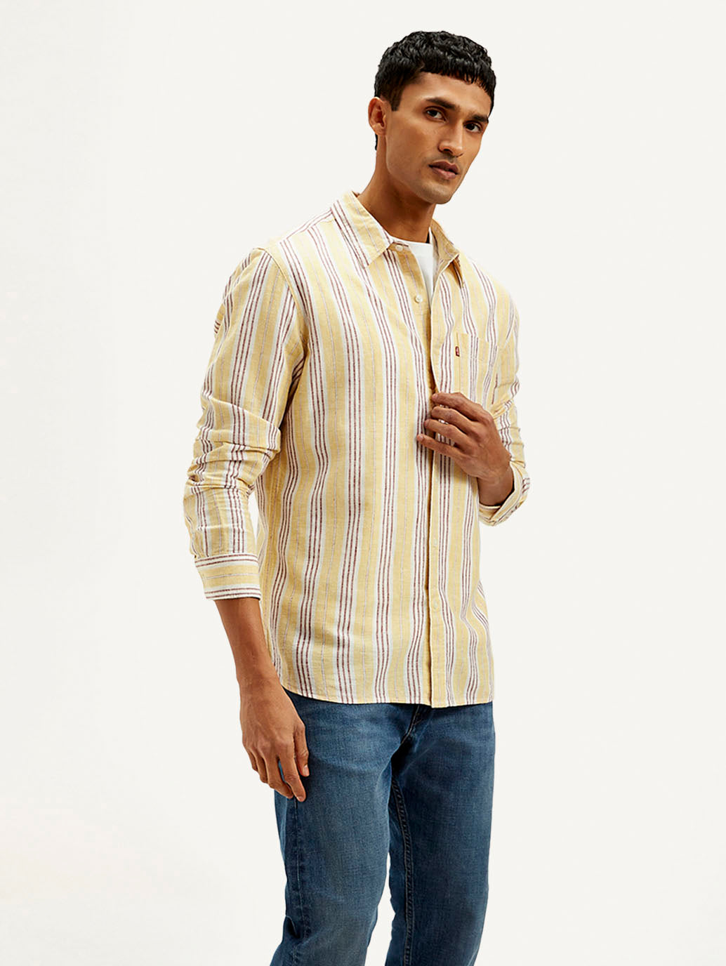 Men's Striped Slim Fit Linen Shirt - Side View