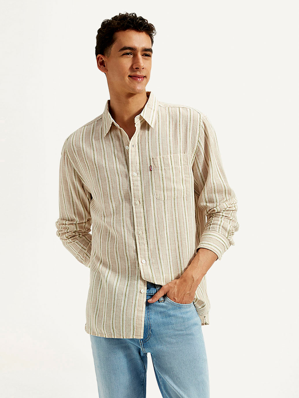Men's Striped Slim Fit Linen Shirt - Styleshot View