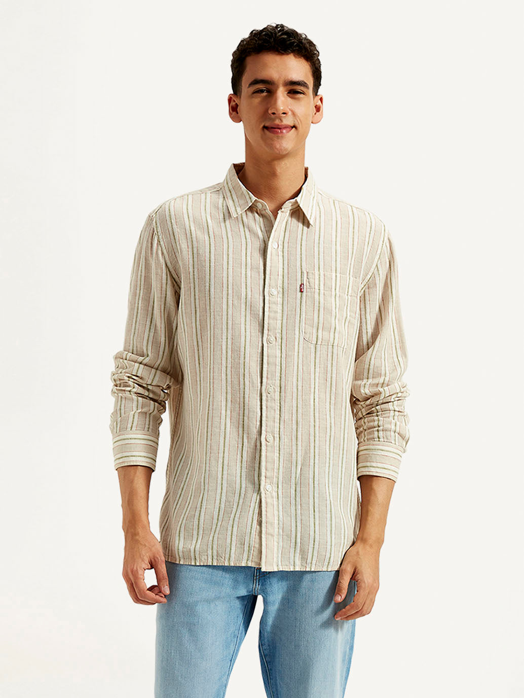 Men's Striped Slim Fit Linen Shirt - Front View