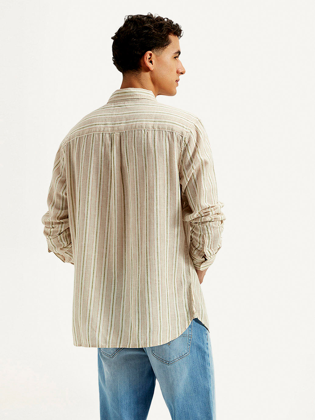 Men's Striped Slim Fit Linen Shirt - Back View