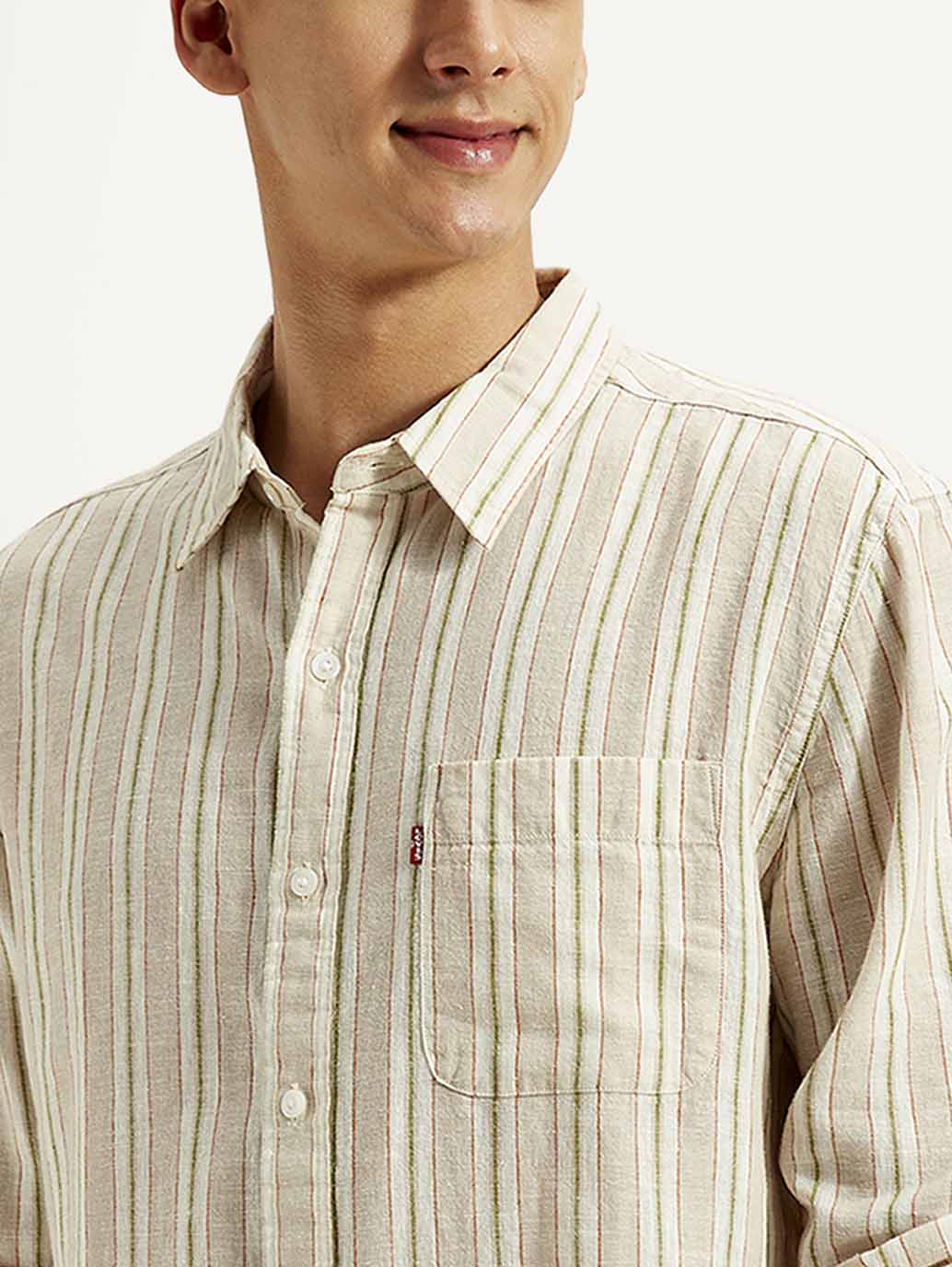Men's Striped Slim Fit Linen Shirt - Detail View