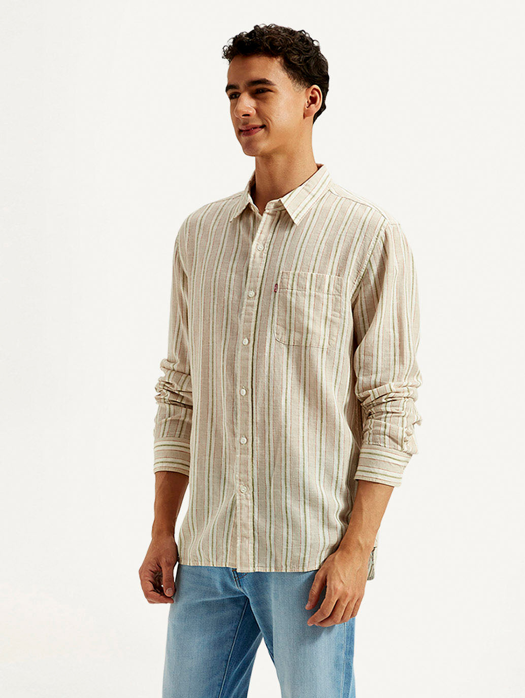Men's Striped Slim Fit Linen Shirt - Side View