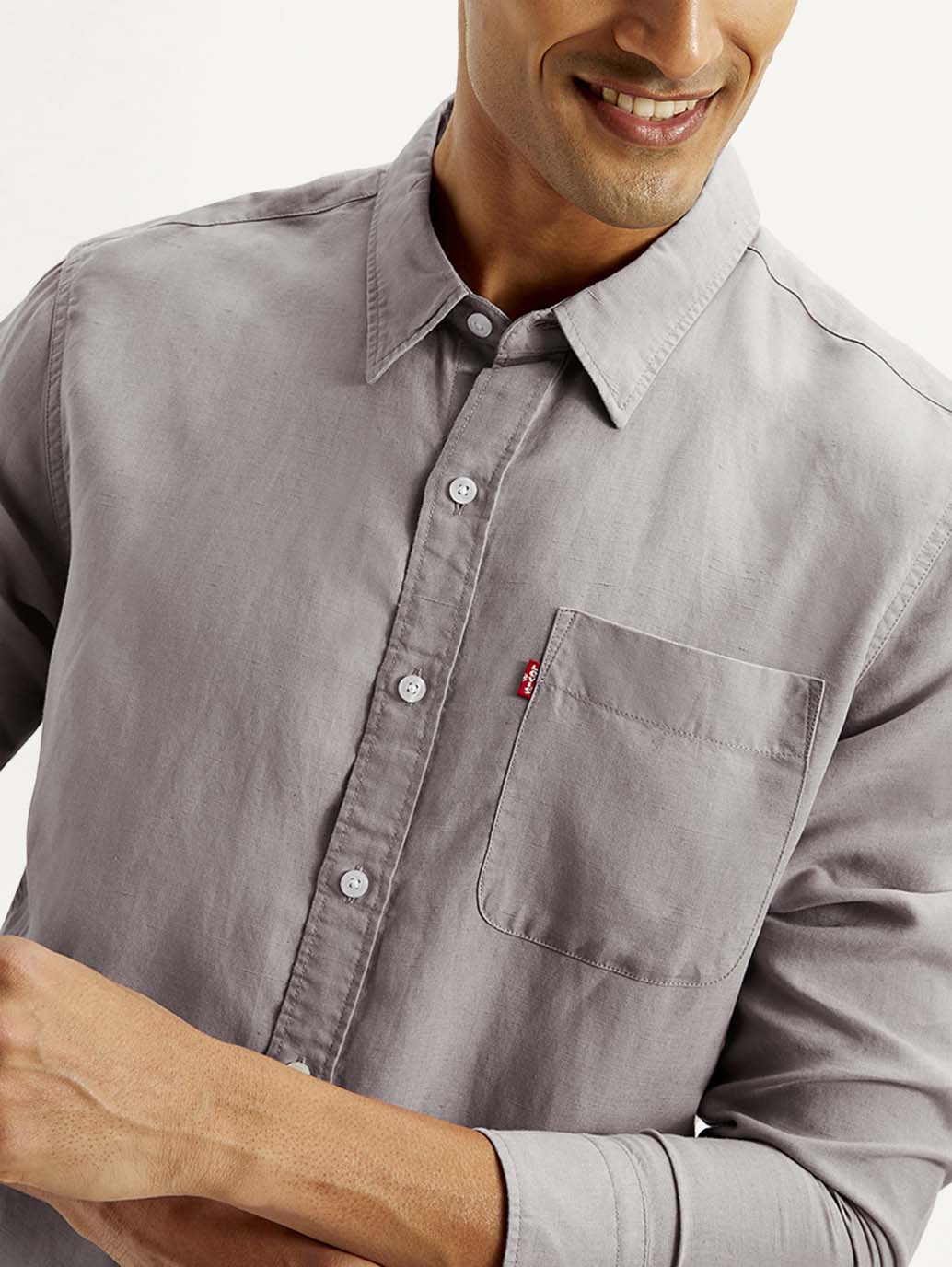 Men's Solid Slim Fit Linen Shirt - Detail View
