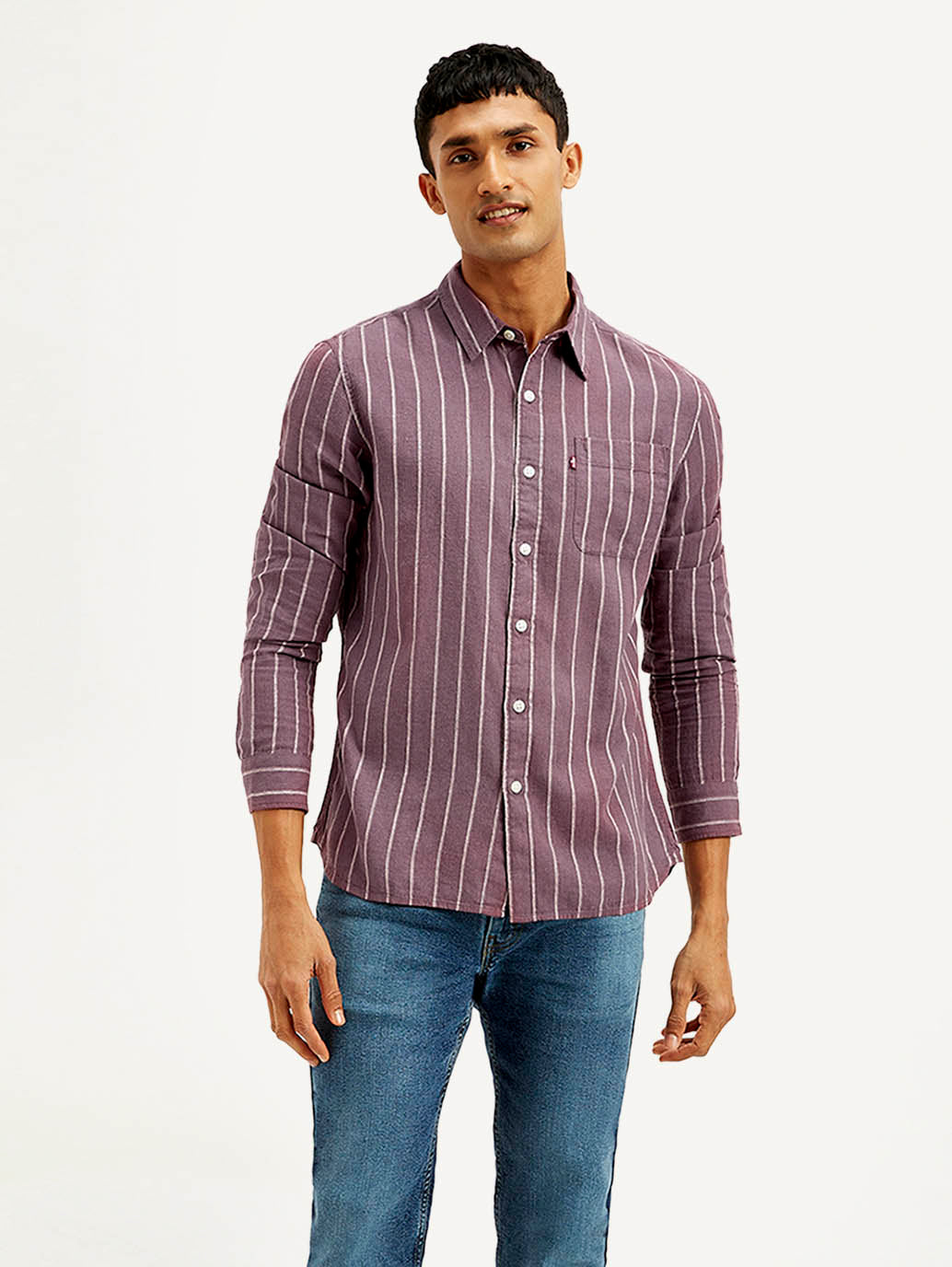 Men's Striped Slim Fit Linen Shirt - Front View